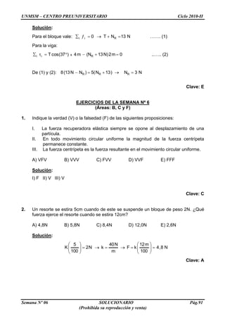 UNMSM – CENTRO PREUNIVERSITARIO Ciclo 2010-II
Semana Nº 06 SOLUCIONARIO Pág.91
(Prohibida su reproducción y venta)
Solución:
Para el bloque vale: N13NT0 Rii ……. (1)
Para la viga:
0m2)N13N(m4)37cos(T Rii x ..….. (2)
De (1) y (2): N3N)13N(5)NN13(8 RRR
Clave: E
EJERCICIOS DE LA SEMANA Nº 6
(Áreas: B, C y F)
1. Indique la verdad (V) o la falsedad (F) de las siguientes proposiciones:
I. La fuerza recuperadora elástica siempre se opone al desplazamiento de una
partícula.
II. En todo movimiento circular uniforme la magnitud de la fuerza centrípeta
permanece constante.
III. La fuerza centrípeta es la fuerza resultante en el movimiento circular uniforme.
A) VFV B) VVV C) FVV D) VVF E) FFF
Solución:
I) F II) V III) V
Clave: C
2. Un resorte se estira 5cm cuando de este se suspende un bloque de peso 2N. ¿Qué
fuerza ejerce el resorte cuando se estira 12cm?
A) 4,8N B) 5,8N C) 8,4N D) 12,0N E) 2,6N
Solución:
N8,4
100
m12
kF
m
N40
kN2
100
5
K
Clave: A
 
