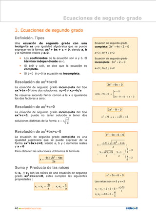 46 MATEMÁTICAS 3º ESO
3. Ecuaciones de segundo grado
Definición. Tipos
Una ecuación de segundo grado con una
incógnita es una igualdad algebraica que se puede
expresar en la forma: ax2
+ bx + c = 0, siendo a, b
y c números reales y a≠0.
• Los coeficientes de la ecuación son a y b. El
término independiente es c.
• Si b≠0 y c≠0, se dice que la ecuación es
completa.
• Si b=0 ó c=0 la ecuación es incompleta.
Resolución de ax2
+bx=0
La ecuación de segundo grado incompleta del tipo
ax2
+bx=0 tiene dos soluciones: x1=0 y x2=-b/a
Se resuelve sacando factor común a la x e igualando
los dos factores a cero.
Resolución de ax2
+c=0
La ecuación de segundo grado incompleta del tipo
ax2
+c=0, puede no tener solución ó tener dos
soluciones distintas de la forma
c
x
a
−
= ±
Resolución de ax2
+bx+c=0
La ecuación de segundo grado completa es una
igualdad algebraica que se puede expresar de la
forma ax2
+bx+c=0, siendo a, b y c números reales
y a ≠ 0
Para obtener las soluciones utilizamos la fórmula
2
b b 4ac
x
2a
− ± −
=
Suma y Producto de las raíces
Si x1 y x2 son las raíces de una ecuación de segundo
grado ax2
+bx+c=0, estas cumplen las siguientes
propiedades :
1 2 1 2;
b c
x x x ·x
a a
−
+ = =
2
3x 9x 0+ =
x 0
x(3x 9) 0
3x 9 0 x 3
=
+ = →
+ = → =
⎧⎪
⎨
⎪⎩
2
x 5x 6 0− + =
2
( 5) ( 5) 4·1·6
x
2
6
3
25 25 24 5 1
2 2 4
2
2
− − ± − −
= =
=
± − ±
= = =
=
Ecuaciones de segundo grado
Ecuación de segundo grado
completa: 2
3x 4x 2 0+ + =
a=3 ; b=4 ; c=2
Ecuación de segundo grado
incompleta: 2
3x 2 0+ =
a=3 ; b=0 ; c=2
2
3x 9 0− =
2
x x9 9 3→ = ±= = ±
2
x 5x 6 0− + =
Las raíces son x=3 y x=2
1 2
1 2
( 5)
x x 2 3 5
1
6
x ·x 2·3 6
1
− −
+ = + = =
= = =
 