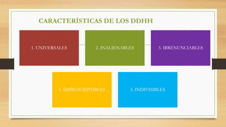 CARACTERÍSTICAS DE LOS DDHH
1. UNIVERSALES 2. INALIENABLES 3. IRRENUNCIABLES
4. IMPRESCRIPTIBLES 5. INDIVISIBLES
 
