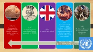 539 a. C.
Ciro, nacen los
DDHH, todos los
esclavos son libres y
podian escoger su
religión
1215,
El Rey de Inglaterra
firma la Carta Magna,
aceptando los DDHH
1628,
la Petición del Derecho
1787,
La Constitución de
Estados Unidos,
fortaleces los DDHH y
todos los hombres son
iguales, proclamando el
derecho a la vida, la
libertad y la búsqueda
de la felicidad.
1789,
Declaración Francesa
de los Derechos del
Hombre y del
Ciudadano
CREACION DE LA ONU
Y DECLARACIÓN DE DDHH
 