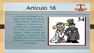 Artículo 16
1. Los hombres y las mujeres, a partir de la edad núbil,
tienen derecho, sin restricción alguna por motivos de raza,
nacionalidad o religión, a casarse y fundar una familia, y
disfrutarán de iguales derechos en cuanto al matrimonio,
durante el matrimonio y en caso de disolución del
matrimonio.
2. Sólo mediante libre y pleno consentimiento de los
futuros esposos podrá contraerse el matrimonio.
3. La familia es el elemento natural y fundamental de la
sociedad y tiene derecho a la protección de la sociedad y
del Estado.
 