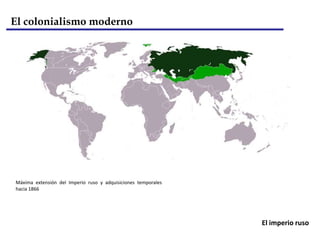 El colonialismoEl colonialismo modernoEl colonialismo modernoEl colonialismo de la Europa moderna comenzó en el siglo XV, y, puede dividirse en dos fases. La primera fase se extiende de 1415 hasta 1800. En esta etapa España y Portugal, se expandieron por las Indias orientales y América. La segunda fase se extiende desde 1800 hasta la II Guerra Mundial. Gran Bretaña tomó la iniciativa en la expansión de Europa hacia Asia, África y el Pacífico.   