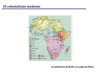 El colonialismo modernoLa segunda etapa colonial puede dividirse en dos periodos: el primero abarca desde 1815 hasta 1880, y, el segundo, desde 1880 hasta 1914. La colonización llevada a cabo en el periodo anterior no había seguido un patrón lógico desde un punto de vista geográfico y no parecía ser, en general, el resultado de un deseo consciente de adquirir nuevos territorios por parte de las metrópolis. Las potencias coloniales actuaron más resueltamente en el periodo de 1880-1914, durante el cual se llevó a cabo la colonización de África (salvo en el caso de Etiopía, que opuso resistencia a los intentos de conquista de Italia) y de diversas regiones de Asia y del Pacífico.Hacia 1914 la red colonial mundial se había cerrado en torno al planeta. El Imperio Británico era, con mucho, el más amplio y con más diversidad geográfica, aunque Francia, Bélgica, Alemania, Portugal, Estados Unidos y Japón eran también importantes potencias coloniales.   Segunda fase del colonialismo moderno