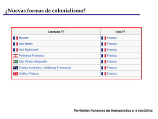 El colonialismo modernoLas áreas en color azul indican los territorios que en un momento u otro han formado parte del Imperio Colonial Francés a través de la historia.El imperio francés