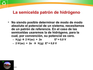 La semicelda patrón de hidrógeno
• No siendo posible determinar de modo de modo
absoluto el potencial de un sistema, necesitamos
de un patrón de referencia. En el caso de las
semiceldas usaremos la de hidrógeno, para la
cual, por convención, su potencial es cero.
– H2(g)  2 H+
(ac) + 2e-
Eº = 0,0 V
– 2 H+
(ac) + 2e-
 H2(g) Eº = 0,0 V
 
