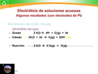 Electrólisis de soluciones acuosas
Algunos resultados (con electrodos de Pt)
• Electrólisis de H2SO4 diluido
Electrólisis del aguaElectrólisis del agua
– Ánodo 2 H2O  4H+
+ O2(g) + 4e-
– Cátodo ( 2H2O + 2e-
 H2(g) + 2OH-
)x2
– Reacción 2 H2O  2 H2(g) + O2(g)
 