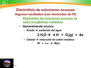 Electrólisis de soluciones acuosas
Algunos resultados (con electrodos de Pt)
• Electrólisis de soluciones acuosas deElectrólisis de soluciones acuosas de
sales inorgánicas metálicassales inorgánicas metálicas
• Generalmente ocurre:
– Ánodo  oxidación del agua
2 H2O  4 H+
+ O2(g) + 4e-
– Cátodo  reducción de catión metálico
Mn+
+ n e-
 M(s)
 