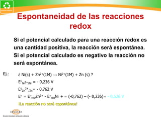 Espontaneidad de las reacciones
redox
Si el potencial calculado para una reacción redox es
una cantidad positiva, la reacción será espontánea.
Si el potencial calculado es negativo la reacción no
será espontánea.
¿ Ni(s) + Zn2+(1M) → Ni2+(1M) + Zn (s) ?
E°Ni2+/Ni = - 0,236 V
Eo
Zn
2+
/Zn= - 0,762 V
E° = E°redZn2+ - E°redNi + = (-0,762) – (- 0,236)= - 0,526 V
¡La reacción no será espontánea!
Ej.:
 