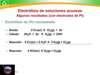 Electrólisis de soluciones acuosas
Algunos resultados (con electrodos de Pt)
• Electrólisis de HCl concentrado
– Ánodo 2 Cl-(ac)  Cl2(g) + 2e-
– Cátodo 2H2O + 2e-  H2(g) + 2OH-
– Reacción 2 Cl-(ac) + 2 H2O  2 H2(g) + Cl2(g)
– Reacción 2 HCl(ac)  H2(g) + Cl2(g)
 