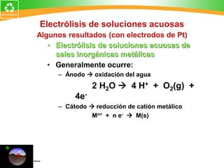 Electrólisis de soluciones acuosas
Algunos resultados (con electrodos de Pt)
• Electrólisis de soluciones acuosas de
sales inorgánicas metálicas
• Generalmente ocurre:
– Ánodo  oxidación del agua
2 H2O  4 H+ + O2(g) +
4e-
– Cátodo  reducción de catión metálico
Mn+ + n e-  M(s)
 