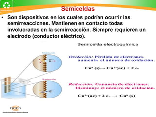 Semiceldas
• Son dispositivos en los cuales podrían ocurrir las
semirreacciones. Mantienen en contacto todas
involucradas en la semirreacción. Siempre requieren un
electrodo (conductor eléctrico).
 