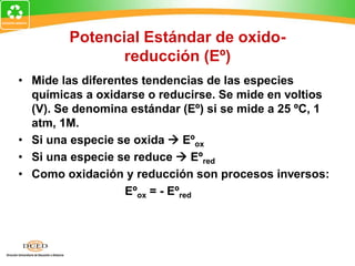 Potencial Estándar de oxido-
reducción (Eº)
• Mide las diferentes tendencias de las especies
químicas a oxidarse o reducirse. Se mide en voltios
(V). Se denomina estándar (Eº) si se mide a 25 ºC, 1
atm, 1M.
• Si una especie se oxida  Eºox
• Si una especie se reduce  Eºred
• Como oxidación y reducción son procesos inversos:
Eºox = - Eºred
 