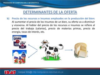 DETERMINANTES DE LA OFERTA
b) Precio de los recursos e insumos empleados en la producción del bien:
Al aumentar el precio de los insumos de un bien, su oferta va a disminuir
y viceversa. Al hablar del precio de los recursos e insumos se refiere al
precio del trabajo (salarios), precio de materias primas, precio de
energía, tasas de interés, etc.
 