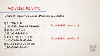 Actividad #3 y #4:
Reduce las siguientes sumas SIN utilizar calculadora:
a) 2-8-9+6-3+4=
b)-36+152-159+96-87-89+63=
c) 15-9-6-32-5+7=
d)15.2+5.6-8+9-6.3=
e) 4+9-6-7+5-2-3+8-4-4=
f) -15+55-10-28-45+16=
g) 27+13-14+18-20-42-68=
h)3-1+5-9+8-2-4+7=
Actividad #4: del d) al h)
Actividad #3: del a) al c)
 