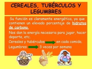 CEREALES, TUBÉRCULOS Y
LEGUMBRES
Su función es claramente energética, ya que
contienen un elevado porcentaje de hidratos
de carbono.
Nos dan la energía necesaria para jugar, hacer
deporte, etc.
Cereales y tubérculos en cada comida.
Legumbres 3 veces por semana
 