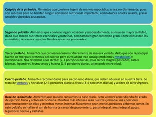 Cúspide de la pirámide. Alimentos que conviene ingerir de manera esporádica, o sea, no diariamente, pues
son sabrosos pero no brindan ningún contenido nutricional importante, como dulces, snacks salados, grasas
untables y bebidas azucaradas.
Segundo peldaño. Alimentos que conviene ingerir ocasional y moderadamente, aunque en mayor cantidad,
dado que poseen nutrientes esenciales y proteínas, pero también gran contenido graso. Entre ellos están los
embutidos, las carnes rojas, los fiambres y carnes procesadas.
Tercer peldaño. Alimentos que conviene consumir diariamente de manera variada, dado que son la principal
fuente de energía y proteínas del cuerpo, pero cuyo abuso trae consigo problemas metabólicos y
nutricionales. Nos referimos a los lácteos (2-3 porciones diarias) y las carnes magras, pescados, carnes
blancas, legumbres, frutos secos y huevos (1-3 porciones diarias, alternando entre ellos).
Cuarto peldaño. Alimentos recomendados para su consumo diario, que deben abundar en nuestra dieta. Se
trata de verduras y hortalizas (2-3 porciones diarias), frutas (3-4 porciones diarias) y aceites de oliva vírgenes.
Base de la pirámide. Alimentos que pueden consumirse a base diaria, pero siempre dependiendo del grado
de ejercicio físico y actividad cotidiana. Mientras más intensas sean nuestras jornadas, más porciones
podremos comer de ellas, y mientras menos intensas físicamente sean, menos porciones debemos comer. En
este peldaño se hallan el pan de harina de cereal de grano entero, pasta integral, arroz integral, papas,
legumbres tiernas y castañas.
 