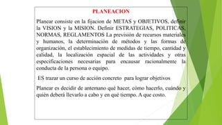 PLANEACION
Planear consiste en la fijacion de METAS y OBJETIVOS, definir
la VISION y la MISION. Definir ESTRATEGIAS, POLITICAS,
NORMAS, REGLAMENTOS La previsión de recursos materiales
y humanos, la determinación de métodos y las formas de
organización, el establecimiento de medidas de tiempo, cantidad y
calidad, la localización espacial de las actividades y otras
especificaciones necesarias para encausar racionalmente la
conducta de la persona o equipo.
ES trazar un curso de acción concreto para lograr objetivos
Planear es decidir de antemano qué hacer, cómo hacerlo, cuándo y
quién deberá llevarlo a cabo y en qué tiempo. A que costo.
 
