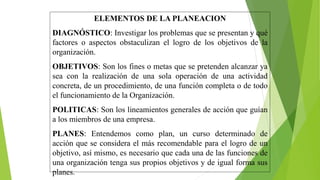 ELEMENTOS DE LA PLANEACION
DIAGNÓSTICO: Investigar los problemas que se presentan y qué
factores o aspectos obstaculizan el logro de los objetivos de la
organización.
OBJETIVOS: Son los fines o metas que se pretenden alcanzar ya
sea con la realización de una sola operación de una actividad
concreta, de un procedimiento, de una función completa o de todo
el funcionamiento de la Organización.
POLITICAS: Son los lineamientos generales de acción que guían
a los miembros de una empresa.
PLANES: Entendemos como plan, un curso determinado de
acción que se considera el más recomendable para el logro de un
objetivo, así mismo, es necesario que cada una de las funciones de
una organización tenga sus propios objetivos y de igual forma sus
planes.
 