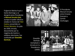 El Presidente
Fulgencio Batista huyó a
                                            Manuel Urrutia
Santo Domingo y se
                                            entre Ernesto
designó como Presidente
                                            Guevara y
a Manuel Urrutia Lleó,
                                            Camilo
aunque el poder efectivo
                                            Cienfuegos
estaba en manos de Fidel
Castro, convertido en
Primer Ministro. En julio
de 1959, Urrutia,
descontento por la
negativa de Castro a
celebrar elecciones, fue
sustituido por Oswaldo          Oswaldo
Dorticós.                       Dorticós
                            reemplazó a
                            Urrutia en la
                             Presidencia
                                  (1959)
 