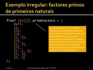 Exemplo irregular: factores primos de primeiros naturaisfinal int[][]primeFactors = {null,{},{2},{3},{2, 2},{5},{2, 3},{7},{2, 2, 2},{3, 3},{2, 5}};2010/2011Introdução à Programação - DCTI - ISCTE-IUL5O vector primeFactors contém vectores com diferentes tamanhos. Para obter os factores primos de um dado natural 1 ≤ n ≤ 10 usa-se primeFactors[n], que é um simples vector de inteiros. Como 0 (zero) não tem factores primos, o primeiro vector não existe. Isso representa-se usando uma referência nula.