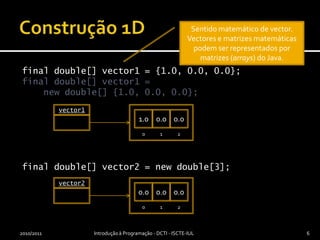Construção 1Dfinal double[] vector1 = {1.0, 0.0, 0.0};final double[] vector1 = newdouble[] {1.0, 0.0, 0.0};final double[] vector2 = newdouble[3];2010/2011Introdução à Programação - DCTI - ISCTE-IUL6Sentido matemático de vector. Vectores e matrizes matemáticas podem ser representados por matrizes (arrays) do Java.vector1vector21.00.00.00.00.00.0012012