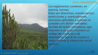 5/19/2020 10
Los reglamentos contienen, en
esencia, normas.
Estas son directrices, mandamientos,
restricciones y, eventualmente,
sanciones aplicables a quienes no
cumplan con dichos mandatos.
Se trata de textos normativos, que
imponen a un grupo humano un
código de conducta o de
desempeño, que al ser común a
todos permite la interacción social
pacífica.
 