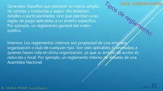 5/19/2020 11
Generales. Aquellos que plantean un marco amplio
de normas y conductas a seguir. No enfatizan
detalles o particularidades, sino que plantean unas
reglas de juego aplicables a un ámbito específico.
Por ejemplo, un reglamento general del orden
público.
Internos. Los reglamentos internos son propiedad de una empresa,
organización o club de cualquier tipo. Son sólo aplicables (y reveladas) a
quienes hacen vida en dicha organización, ya que su ámbito de acción es
reducido y local. Por ejemplo, un reglamento interno de debates de una
Asamblea Nacional.
 