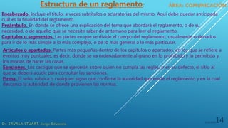 5/19/202014
Estructura de un reglamento:
Encabezado. Incluye el título, a veces subtítulos o aclaratorias del mismo. Aquí debe quedar anticipada
cuál es la finalidad del reglamento.
Preámbulo. En donde se ofrece una explicación del tema que abordará el reglamento, o de su
necesidad, o de aquello que se necesite saber de antemano para leer el reglamento.
Capítulos o segmentos. Las partes en que se divide el cuerpo del reglamento, usualmente ordenados
para ir de lo más simple a lo más complejo, o de lo más general a lo más particular.
Artículos o apartados. Partes más pequeñas dentro de los capítulos o apartados, en los que se refiere a
eventos muy puntuales, es decir, donde se va ordenadamente al grano en lo prohibido y lo permitido y
los modos de hacer las cosas.
Sanciones. Los castigos que se ejercerán sobre quien no cumpla las reglas, o en su defecto, el sitio al
que se deberá acudir para consultar las sanciones.
Firma. El sello, rúbrica o cualquier signo que confirme la autoridad que emite el reglamento y en la cual
descansa la autoridad de donde provienen las normas.
 