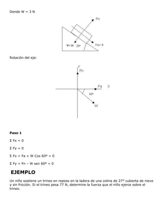 Donde W = 3 N




Rotación del eje:




Paso 1

Σ Fx = 0

Σ Fy = 0

Σ Fx = Fa + W Cos 60º = 0

Σ Fy = Fn – W sen 60º = 0

EJEMPLO
Un niño sostiene un trineo en reposo en la ladera de una colina de 27° cubierta de nieve
y sin fricción. Si el trineo pesa 77 N, determine la fuerza que el niño ejerce sobre el
trineo.
 