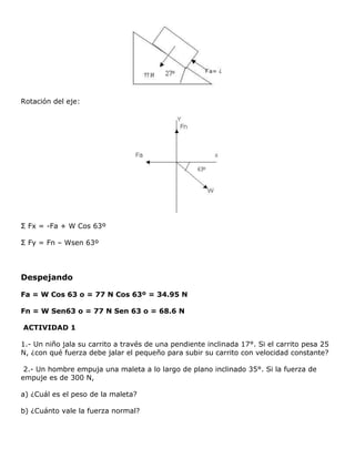 Rotación del eje:




Σ Fx = -Fa + W Cos 63º

Σ Fy = Fn – Wsen 63º




Despejando

Fa = W Cos 63 o = 77 N Cos 63º = 34.95 N

Fn = W Sen63 o = 77 N Sen 63 o = 68.6 N

ACTIVIDAD 1

1.- Un niño jala su carrito a través de una pendiente inclinada 17°. Si el carrito pesa 25
N, ¿con qué fuerza debe jalar el pequeño para subir su carrito con velocidad constante?

 2.- Un hombre empuja una maleta a lo largo de plano inclinado 35°. Si la fuerza de
empuje es de 300 N,

a) ¿Cuál es el peso de la maleta?

b) ¿Cuánto vale la fuerza normal?
 