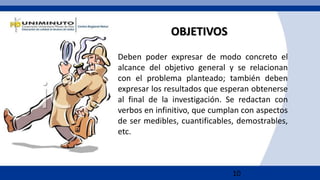 10
OBJETIVOS
Deben poder expresar de modo concreto el
alcance del objetivo general y se relacionan
con el problema planteado; también deben
expresar los resultados que esperan obtenerse
al final de la investigación. Se redactan con
verbos en infinitivo, que cumplan con aspectos
de ser medibles, cuantificables, demostrables,
etc.
 