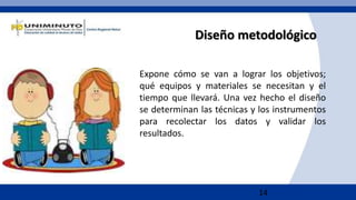 14
Diseño metodológico
Expone cómo se van a lograr los objetivos;
qué equipos y materiales se necesitan y el
tiempo que llevará. Una vez hecho el diseño
se determinan las técnicas y los instrumentos
para recolectar los datos y validar los
resultados.
 