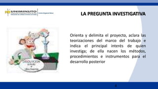 4
LA PREGUNTA INVESTIGATIVA
Orienta y delimita el proyecto, aclara las
teorizaciones del marco del trabajo e
indica el principal interés de quien
investiga; de ella nacen los métodos,
procedimientos e instrumentos para el
desarrollo posterior
 