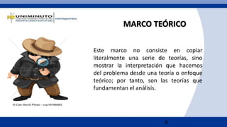 8
MARCO TEÓRICO
Este marco no consiste en copiar
literalmente una serie de teorías, sino
mostrar la interpretación que hacemos
del problema desde una teoría o enfoque
teórico; por tanto, son las teorías que
fundamentan el análisis.
 