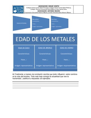 ASOCIACION CESAR CONTO
Colegio Cesar Conto Sede Principal, Colegio Cesar Conto Sede Petecuy,
Colegio Técnico Comercial Dana María y Liceo Santa Clara.
ASOCIACION ANTONIO MACEO
Corporación Educativa Antonio Maceo y Centro Etnoeducativo Antonio Maceo.
4. Finalmente a manera de conclusión escribe que tanto influyeron estos cambios
en la vida del hombre. Todo esto trajo consigo la actualidad que vive la
humanidad. Justifica tu respuesta con ejemplos:
__________________________________________________________________
__________________________________________________________________
____________________________
EDAD DE PIEDRA
Mesolítico:
• Características:
• Hace...:
• Imágen representativa:
Neolítico:
• Características:
• Hace...:
• Imágen representativa:
EDAD DE LOS METALES
Edad de Cobre
Caracteristicas:
Hace...:
Imágen representativa:
EDAD DE BRONCE
Características:
Hace...:
Imágen representativa:
EDAD DE HIERRO
Características:
Hace...:
Imágen respresentativa:
 