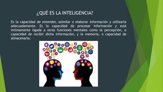 ¿QUÉ ES LA INTELIGENCIA?
Es la capacidad de entender, asimilar o elaborar información y utilizarla
adecuadamente. Es la capacidad de procesar información y está
íntimamente ligada a otras funciones mentales como la percepción, o
capacidad de recibir dicha información, y la memoria, o capacidad de
almacenarla.
 