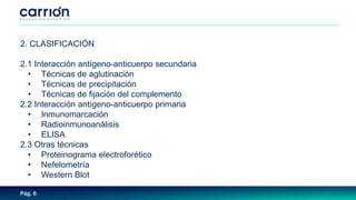 Pág. 6
2. CLASIFICACIÓN
2.1 Interacción antígeno-anticuerpo secundaria
• Técnicas de aglutinación
• Técnicas de precipitación
• Técnicas de fijación del complemento
2.2 Interacción antígeno-anticuerpo primaria
• Inmunomarcación
• Radioinmunoanálisis
• ELISA
2.3 Otras técnicas
• Proteinograma electroforético
• Nefelometría
• Western Blot
 