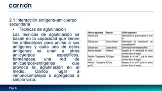 Pág. 6
2.1 Interacción antígeno-anticuerpo
secundaria
• Técnicas de aglutinación
Las técnicas de aglutinación se
basan en la capacidad que tienen
los anticuerpos para unirse a sus
antígenos y cada uno de estos
antígenos se unen a otros
anticuerpos específicos,
formándose una red de
anticuerpos-antígenos que
provoca la aglutinación en el
medio. Dando lugar a
inmunocomplejos o agregados a
simple vista.
 