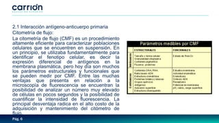 Pág. 6
2.1 Interacción antígeno-anticuerpo primaria
Citometría de flujo:
La citometría de flujo (CMF) es un procedimiento
altamente eficiente para caracterizar poblaciones
celulares que se encuentren en suspensión. En
un principio, se utilizaba fundamentalmente para
identificar el fenotipo celular, es decir la
expresión diferencial de antígenos en la
membrana plasmática, pero hoy día son muchos
los parámetros estructurales y funcionales que
se pueden medir por CMF. Entre las muchas
ventajas que presenta en relación a la
microscopía de fluorescencia se encuentran la
posibilidad de analizar un número muy elevado
de células en pocos segundos y la posibilidad de
cuantificar la intensidad de fluorescencia. La
principal desventaja radica en el alto costo de la
adquisición y mantenimiento del citómetro de
flujo.
 