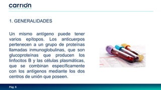 Pág. 6
1. GENERALIDADES
Un mismo antígeno puede tener
varios epítopos. Los anticuerpos
pertenecen a un grupo de proteínas
llamadas inmunoglobulinas, que son
glucoproteínas que producen los
linfocitos B y las células plasmáticas,
que se combinan específicamente
con los antígenos mediante los dos
centros de unión que poseen.
 