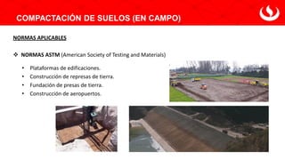 COMPACTACIÓN DE SUELOS (EN CAMPO)
NORMAS APLICABLES
❖ NORMAS ASTM (American Society of Testing and Materials)
• Plataformas de edificaciones.
• Construcción de represas de tierra.
• Fundación de presas de tierra.
• Construcción de aeropuertos.
 