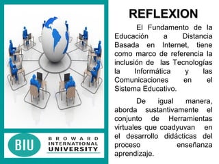 REFLEXIONREFLEXION
El Fundamento de la
Educación a Distancia
Basada en Internet, tiene
como marco de referencia la
inclusi...