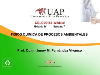 Prof. Quím. Jenny M. Fernández Vivanco CICLO 2011-I  Módulo: Unidad: IV  Semana: 7   FISICO QUIMICA DE PROCESOS AMBIENTALES 