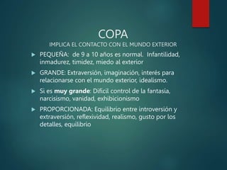 COPA
IMPLICA EL CONTACTO CON EL MUNDO EXTERIOR
 PEQUEÑA: de 9 a 10 años es normal. Infantilidad,
inmadurez, timidez, miedo al exterior
 GRANDE: Extraversión, imaginación, interés para
relacionarse con el mundo exterior, idealismo.
 Si es muy grande: Difícil control de la fantasía,
narcisismo, vanidad, exhibicionismo
 PROPORCIONADA: Equilibrio entre introversión y
extraversión, reflexividad, realismo, gusto por los
detalles, equilibrio
 