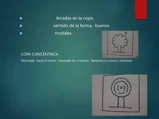  Arcadas en la copa.
 sentido de la forma, buenos
 modales,
COPA CONCÉNTRICA
Orientada hacia el centro, reposado en si mismo, bastarse a sí mismo, actividad.
 