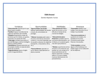 FODA Personal
Daniela Alejandra Turcios
Fortalezas Oportunidades Debilidades Amenazas
*Determinación:alluchar por lo que
deseo hasta cumplirlo.
*Familia: El apoyo incondicional de
todos los miembros de mi familia.
*Respeto: Respetando a todas las
personas que me rodean, sus gustos,
creenciasy sus puntos de vista.
*Liderazgo: consideroque poseo el
don del liderazgo y está en mí dirigirlo
hacia un camino positivo
*Autodidacta: Me gusta aprender por
mis propios medios, en especial sobre
temas de mi interés.
*SegundoIdioma: poseo el inglés
como mi segundoidioma.
*Oportunidades de estudio:
Obtener oportunidades de estudio
a través de universidades de
prestigio.
*Obtenerrecursos: poder optar a
recursos como becas, licencia de
conducir, y recursos materiales que
me ayudena alcanzar mis objetivos
(transporte, computadora, libros,
etc.)
*NuevosIdiomas: aprender un
tercer idioma, especialmente un
idioma nacional.
*Poco dominio de TICS: a
pesar de ser joven, se me
dificulta el manejo de las
nuevas tecnologías.
*Malaadministradora
financiera: considero que no
soy buena administradora con
mi dinero, en ocasiones gasto
mas de lo que produzco.
*Miedos:experimentociertos
temores a circunstancias que
podrían ser una ventaja en el
desenvolvimiento de mis
labores (aprender a manejar,
aplicar a unnuevo trabajo,
expresar abiertamente mis
pensamientos)
*Desempleo: debidoa que
trabajo como docente y es un
trabajo muyinestable
*Recursoseconómicos: al
quedarme sin empleo, me
quedaría sin recursos
económicos para poder
financiar mis estudios.
*Enfermedades: contraer
alguna enfermedadque me
impida seguir con la realización
de mis objetivos.
 