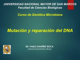 DR. PABLO RAMÍREZ ROCA
UNIVERSIDAD NACIONAL MAYOR DE SAN MARCOS
Facultad de Ciencias Biológicas
Curso de Genética Microbiana
Mutación y reparación del DNA
pramirezr@unmsm.edu.pe
 