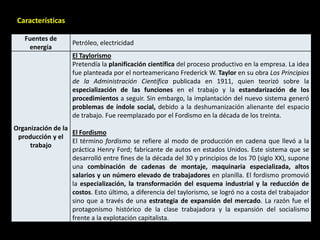 Características

   Fuentes de
                    Petróleo, electricidad
    energía
                    El Taylorismo
                    Pretendía la planificación científica del proceso productivo en la empresa. La idea
                    fue planteada por el norteamericano Frederick W. Taylor en su obra Los Principios
                    de la Administración Científica publicada en 1911, quien teorizó sobre la
                    especialización de las funciones en el trabajo y la estandarización de los
                    procedimientos a seguir. Sin embargo, la implantación del nuevo sistema generó
                    problemas de índole social, debido a la deshumanización alienante del espacio
                    de trabajo. Fue reemplazado por el Fordismo en la década de los treinta.
Organización de la
                   El Fordismo
 producción y el
                   El término fordismo se refiere al modo de producción en cadena que llevó a la
     trabajo
                   práctica Henry Ford; fabricante de autos en estados Unidos. Este sistema que se
                   desarrolló entre fines de la década del 30 y principios de los 70 (siglo XX), supone
                   una combinación de cadenas de montaje, maquinaria especializada, altos
                   salarios y un número elevado de trabajadores en planilla. El fordismo promovió
                   la especialización, la transformación del esquema industrial y la reducción de
                   costos. Esto último, a diferencia del taylorismo, se logró no a costa del trabajador
                   sino que a través de una estrategia de expansión del mercado. La razón fue el
                   protagonismo histórico de la clase trabajadora y la expansión del socialismo
                   frente a la explotación capitalista.
 