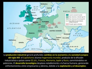 La producción industrial generó profundos cambios en la economía y la sociedad europea
     del siglo XIX: el Capitalismo alcanza hegemonía mundial, producto de la difusión
 industrialista a países como EE.UU., Francia, Alemania, Japón y Rusia, convirtiéndolos en
potencias. El desarrollo tecnológico desplaza notablemente a la fuerza humana, generando
  enfrentamientos entre empresarios y obreros, debido a la explotación y el desempleo.
 