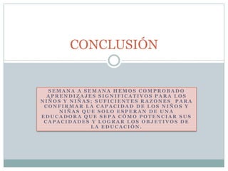 CONCLUSIÓN


  SEMANA A SEMANA HEMOS COMPROBADO
  APRENDIZAJES SIGNIFICATIVOS PARA LOS
NIÑOS Y NIÑAS; SUFICIENTES RAZONES PARA
 CONFIRMAR LA CAPACIDAD DE LOS NIÑOS Y
     NIÑAS QUE SOLO ESPERAN DE UNA
EDUCADORA QUE SEPA CÓMO POTENCIAR SUS
 CAPACIDADES Y LOGRAR LOS OBJETIVOS DE
             LA EDUCACIÓN.
 